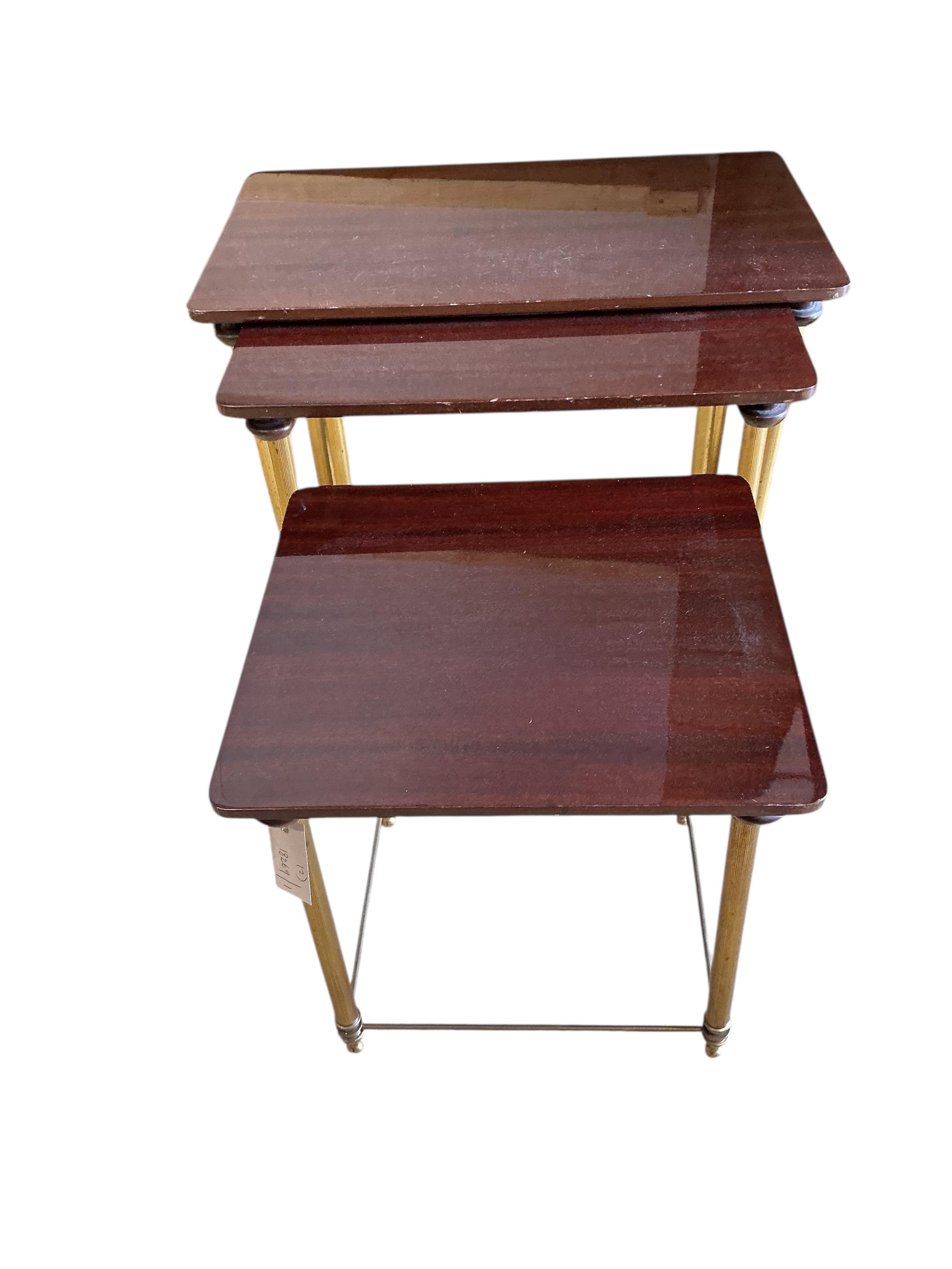 A nest of three mid century rectangular tables, width 60cm, depth 36cm, height 53cm, together with a small George III style mahogany hanging corner cupboard